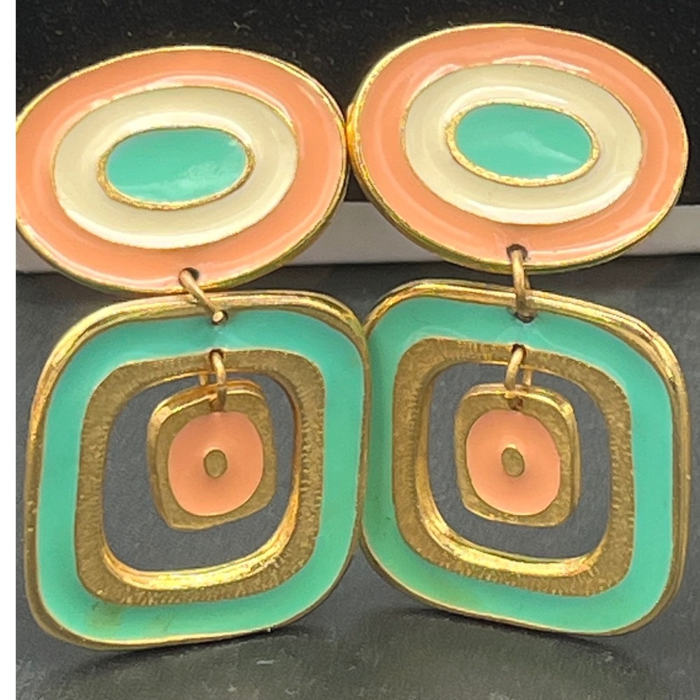Vtg Art Deco Revival Geometric Enamel Clip On Earrings Atomic design 80s